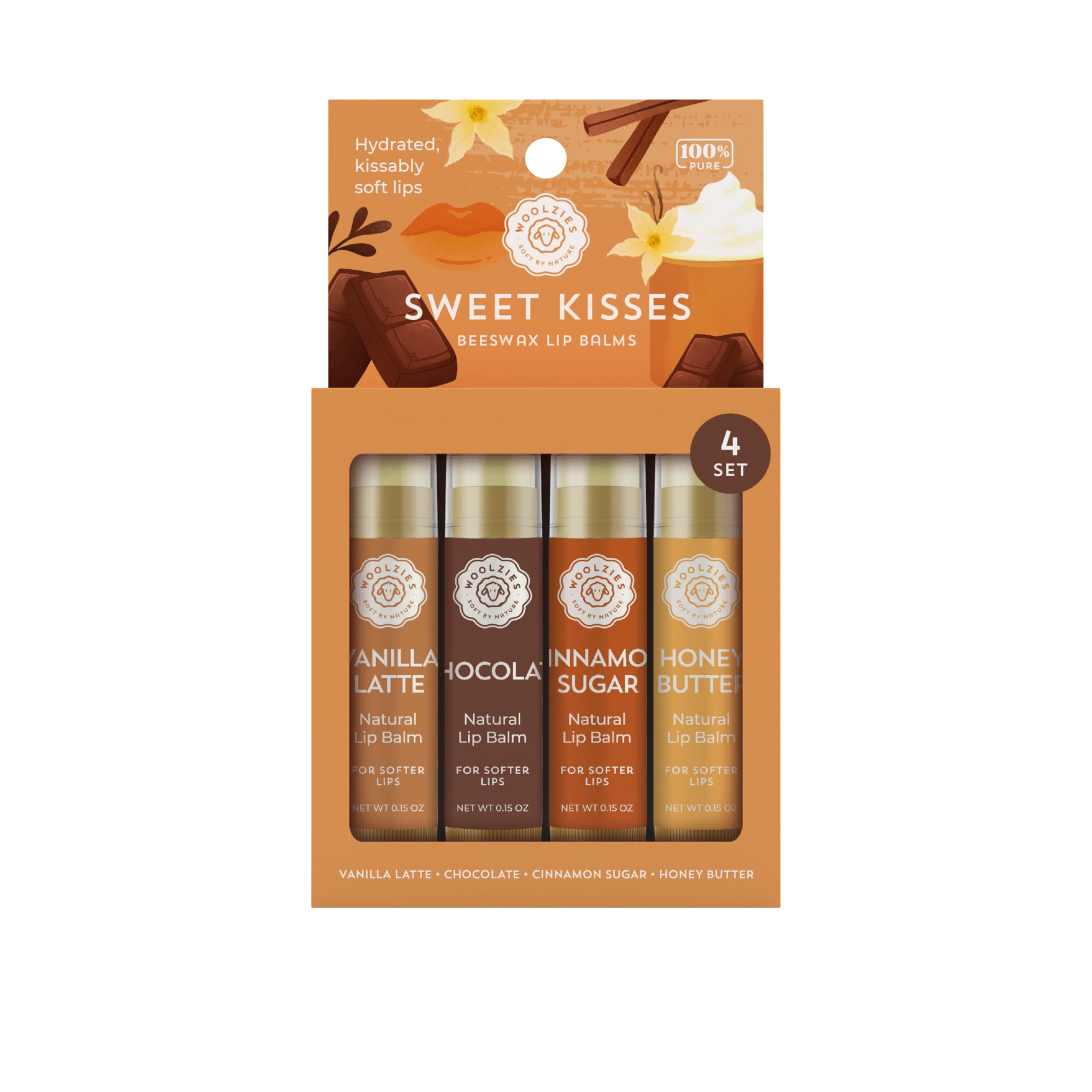 Lip Balm Set: All-Natural Shea Butter Beeswax Coconut Oil Vitamin E Infused Lip Moisturizer Care (4 Pack Sweet Kisses)
